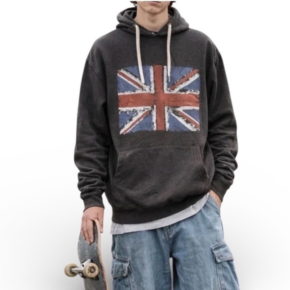Cedar Wood State Mens Union Jack Graphic Hoodie Charcoal Grey Distressed Large